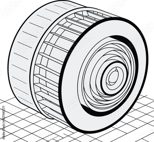 CAD drawing 3D vector illustration of turbine fan assembly, cylindrical mechanical component, radial blades, concentric casing, industrial engineering design