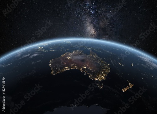 Australia at Night from Space with City Lights and Milky Way Galaxy in the Background, an Earth from space view.