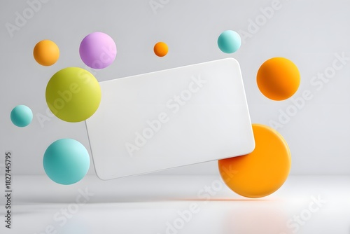 Colorful 3D spheres and geometric shapes floating around a blank rectangular panel on a clean minimal background.