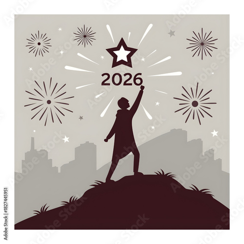 Man Silhouette Reaching Golden Star on 2026: Success, Ambition, and Future Goal Achievement.