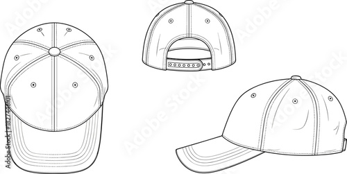 Baseball cap technical sketch, top view, side view, rear view, vector fla