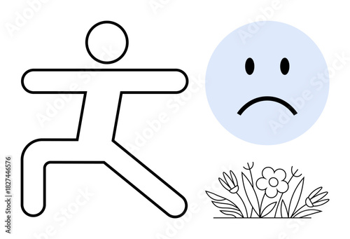Yoga concept. Stick figure in yoga pose promoting physical activity and mindfulness. Yoga helps with emotional balance with flower and sad emotion icon. For health, wellness, emotions, fitness