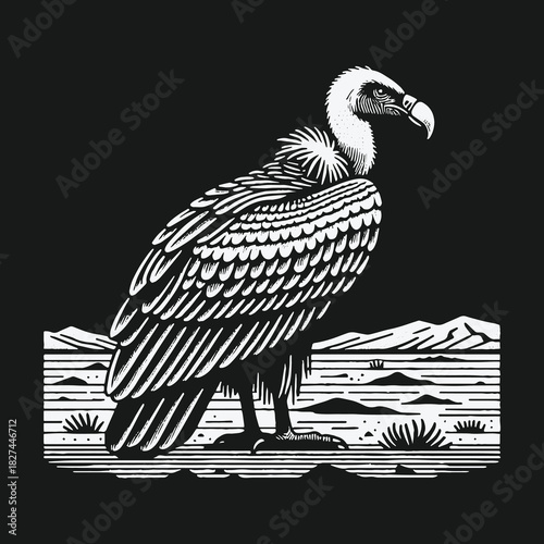 Black and white graphic illustration of a vulture in the desert.