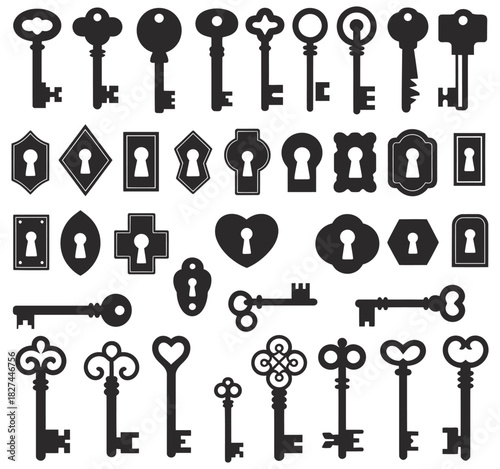 Key and keyhole silhouettes, old vintage keyholes, antique keys black silhouettes, door locks, medieval locked elements, privacy symbols, security icons, classic metal keys, retro lock designs, vector