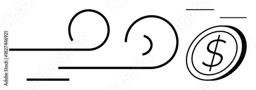 Fast-moving lines with a dollar coin highlight the concept of quick transactions, financial growth, or streamlined processes. Ideal for investment, banking, technology, commerce, speed, efficiency