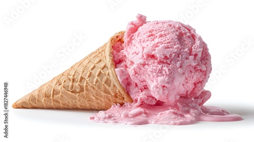 Melted strawberry ice cream scoop fallen from a waffle cone on a white background.