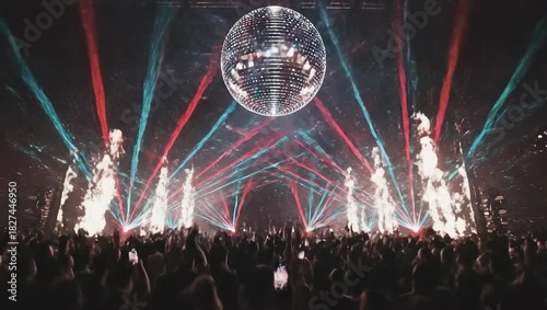 Energetic Crowd Celebrates Under Dazzling Disco Ball and Laser Lights Event