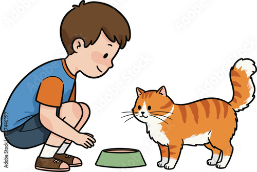 Boy feeding cat, cartoon pet care moment, orange tabby interaction, green bowl illustration, childhood compassion vector, white background design