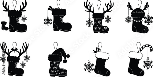 Christmas boot and stocking silhouette set, antlers, snowflakes, Santa hat, candy cane icons, festive holiday vector illustration, seasonal decoration design