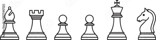 Black and white outline of chess pieces bishop rook pawns king knight