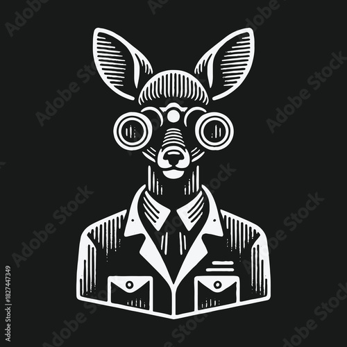 Vintage linocut illustration of an anthropomorphic deer in a suit wearing binoculars.