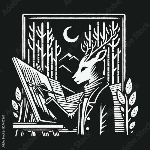 Monochrome Linocut Illustration of an Anthropomorphic Deer Artist Painting.