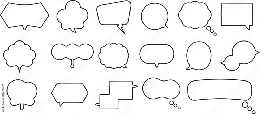 Obraz premium Comic speech bubble outline collection with diverse shapes for dialogue, thoughts, and captions. Perfect for comics, graphic design, stickers, and creative storytelling projects. Clean, simple