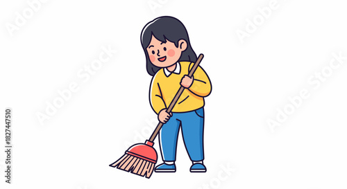 Cheerful Girl Sweeping Floor with Broom, Vector Cartoon Illustration of Housekeeping