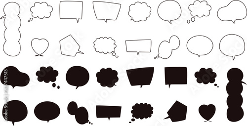 Comic speech bubble set featuring outline and solid silhouette styles for dialogue, thoughts, and messages. Ideal for comics, graphic design, stickers, and creative illustrations. Includes various 