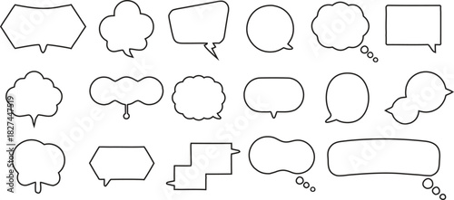 Comic speech bubble outline collection with diverse shapes for dialogue, thoughts, and captions. Perfect for comics, graphic design, stickers, and creative storytelling projects. Clean, simple 