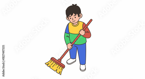 Cheerful young boy diligently sweeping with a colorful broom, learning domestic responsibility and maintaining a tidy home