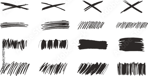 Hand-drawn scribble, cross mark, and sketch stroke set for artistic decoration and graphic design. Includes rough textures, marker lines, doodle fills, and expressive brush marks. Perfect 