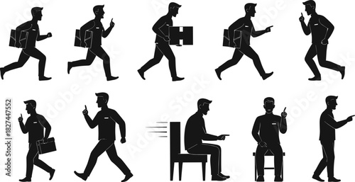 Cad drawing flat vector illustration of businessman running walking sitting and pointing gesture office worker silhouette design concept