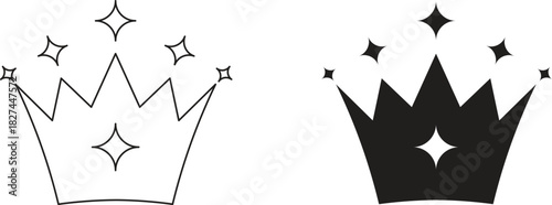 Sparkling crown icons in outlined and solid styles for royalty, luxury, and celebration themes. Clean vector silhouettes ideal for branding, labels, and elegant graphic design. Perfect for logos, 