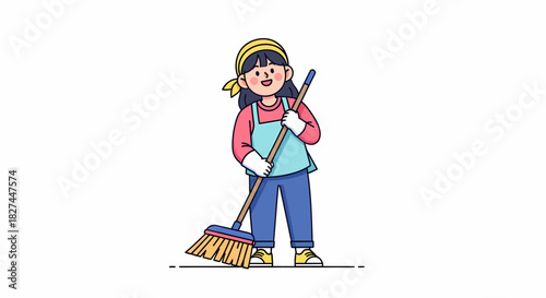 Vibrant illustration of a cheerful woman efficiently sweeping, symbolizing dedication to domestic tidiness and a clean environment