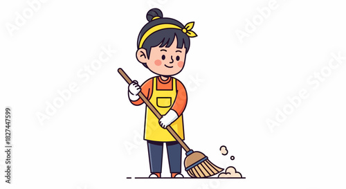 Cute cartoon girl in an apron sweeping the floor, illustration of housework and cleaning concept
