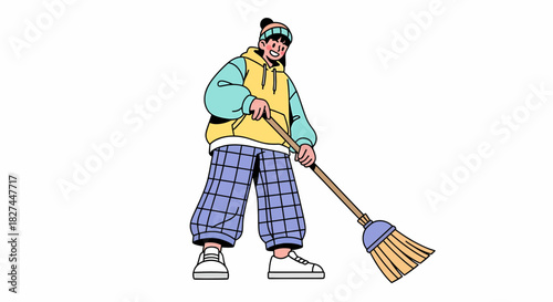 Young Person Sweeping Floor with Broom, Cleaning Housework Activity