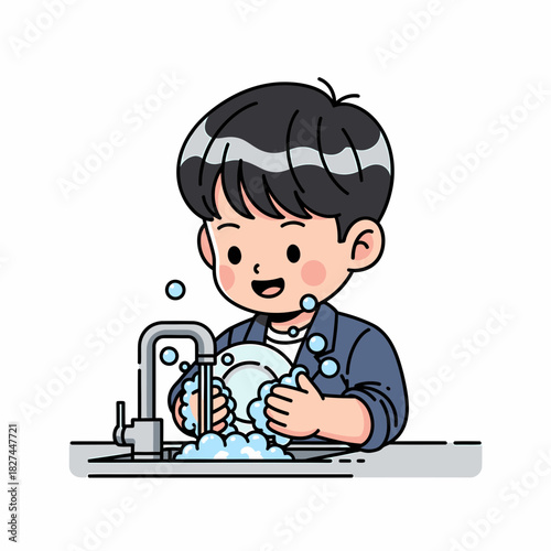 Cute cartoon boy character happily washing dishes in the sink with soap and bubbles illustration