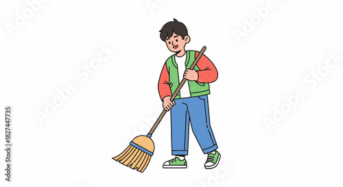 Boy sweeping the floor with a broom Cleaning activity to promote cleanliness
