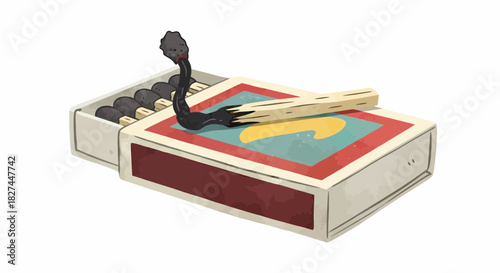 A burnt matchstick rests on an open box of matches, indicating a completed action or the end of a process