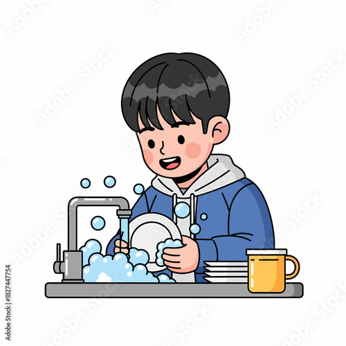 A cheerful young boy with a happy expression helps with household chores by washing dishes in the sink