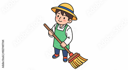 Cartoon illustration of a smiling boy in an apron and straw hat holding a broom for cleaning