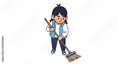 Illustration of a young person diligently sweeping a floor with a broom, symbolizing tidiness and household chores