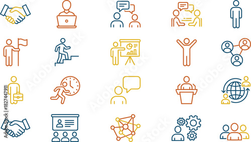 Business Leadership Communication Teamwork Outline Icons Set, Including Handshake, Presentation, Training, Networking, Success, Public Speaking, and Corporate Management Symbols, Vector Art.