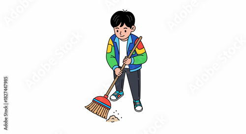 A young boy in a colorful jacket sweeping the floor with a red broom, doing his household chores