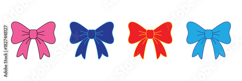 Collection of four colorful cartoon bows in pink, dark blue, red, and light blue, isolated on white background.