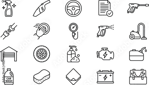 Car Wash Auto Repair Maintenance Outline Icons Set, Including Detailing, Engine, Tire, Battery, Garage, Steering Wheel, Vacuum Cleaner, and Tools Symbols, Vector Line Art.