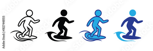 Collection of stylized surfer icons showing different styles, including outline, silhouette, and color variations, representing surfing and water sports.