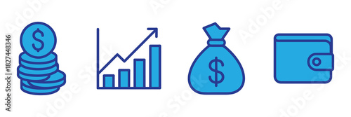 Stacked coins, rising bar graph, money bag with dollar sign, and wallet icons representing financial growth and wealth