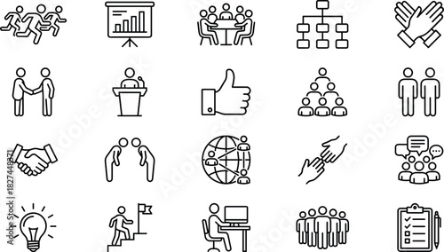 Business Teamwork Collaboration Success Outline Icons Set, Including Handshake, Meeting, Presentation, Leadership, Idea, Global Network, and Corporate Structure Symbols, Vector Line Art.