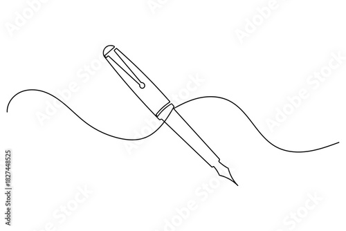 Continuous line art drawing, elegant fountain pen creating a smooth, wavy ink stroke