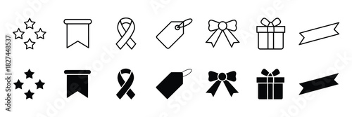 Collection of icons featuring stars, flags, ribbons, tags, bows, gifts, and banners in both outline and solid styles for design.