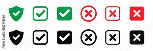 Set of check mark and cross icons in green, red, and black, representing verification, rejection, and security symbols