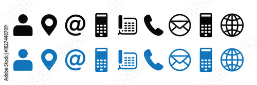 Collection of black and blue contact icons including user, location pin, at symbol, mobile phone, landline phone, handset, envelope, and globe for web and app design