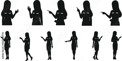 Cad drawing flat vector illustration of female office worker pointing hand gesture professional woman silhouette business communication concept design