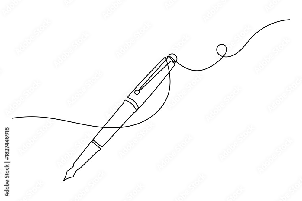 Fototapeta premium Continuous line drawing of classic fountain pen with elegant flowing ink stroke, isolated.