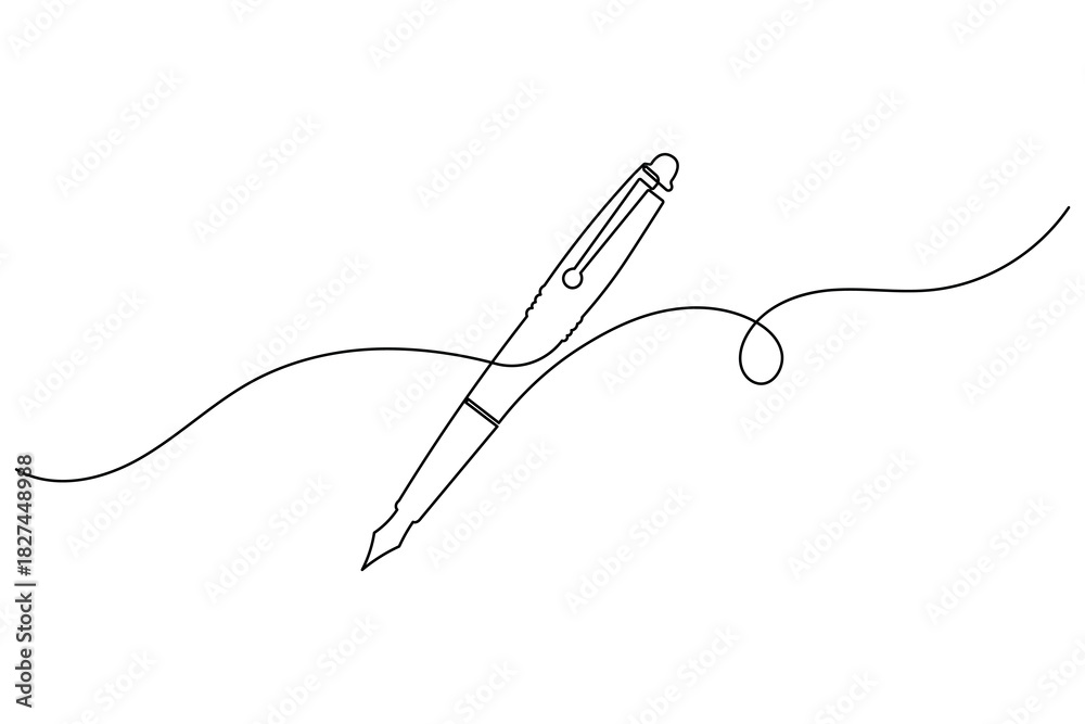 Obraz premium Single continuous line art drawing of a classic fountain pen with an ink stroke