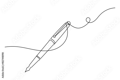 Continuous line drawing of classic fountain pen with elegant flowing ink stroke, isolated.