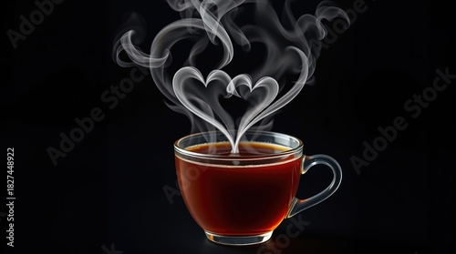 A cup of coffee with a romantic steam shape of heart, with black background. A heartwarming image that evokes feelings of comfort, love, and togetherness