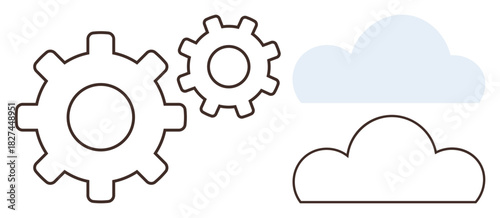 Two interlocking gears beside a cloud, representing technology, cloud computing, innovation, process automation. Ideal for teamwork, development, internet, strategy networking simple flat metaphor
